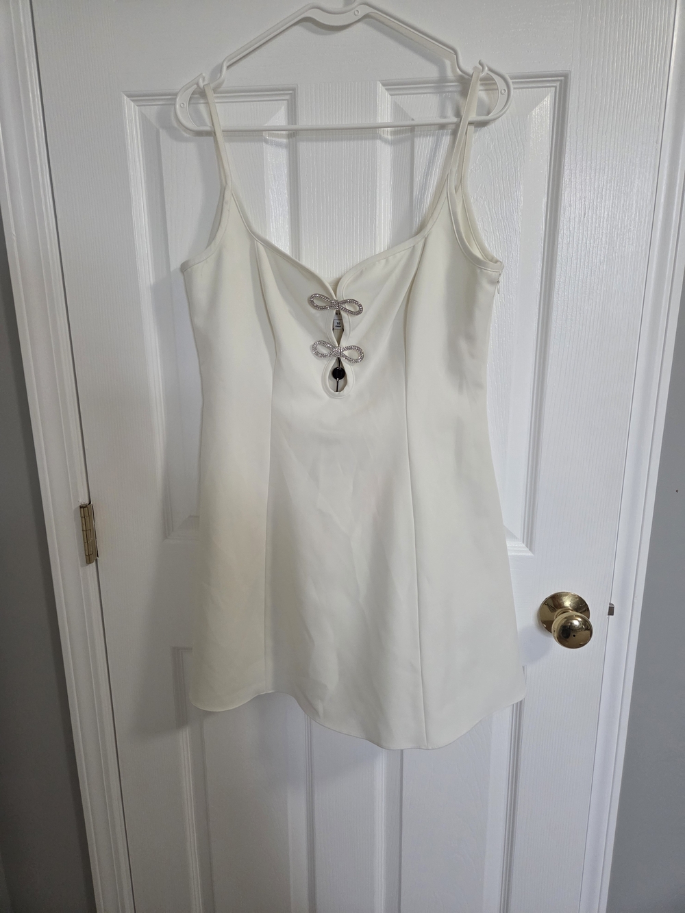 Gianni Bini White Slip Camisole Dress with Rhinestone Bow Accents